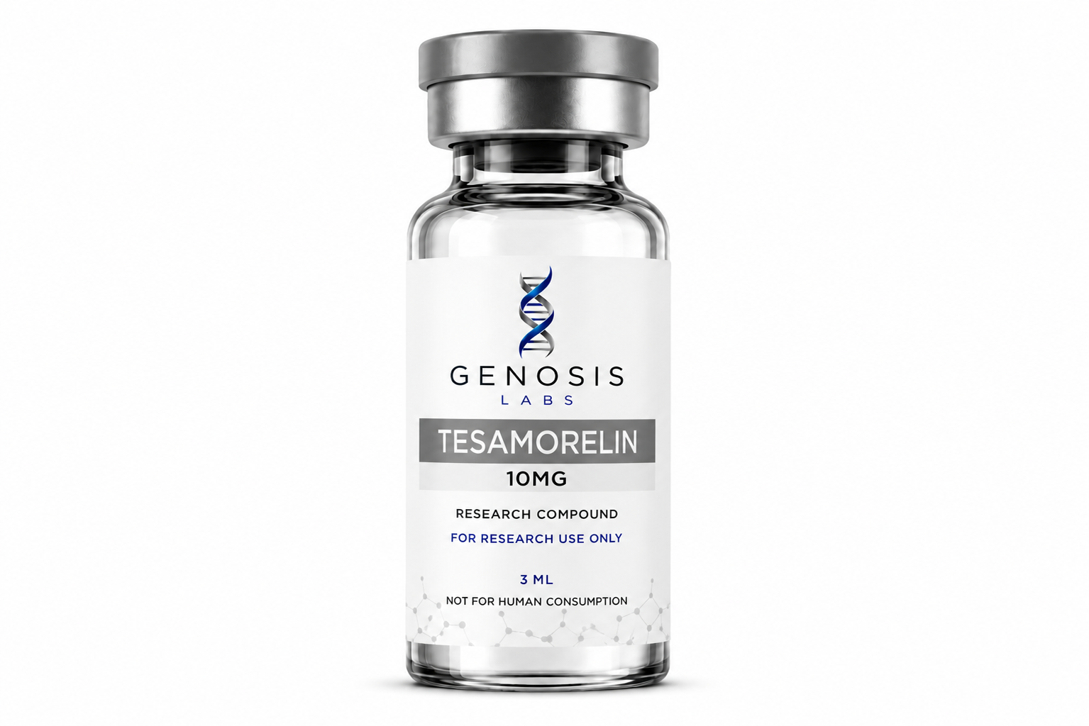 Tesamorelin 10mg research peptide vial by GENOSIS Labs